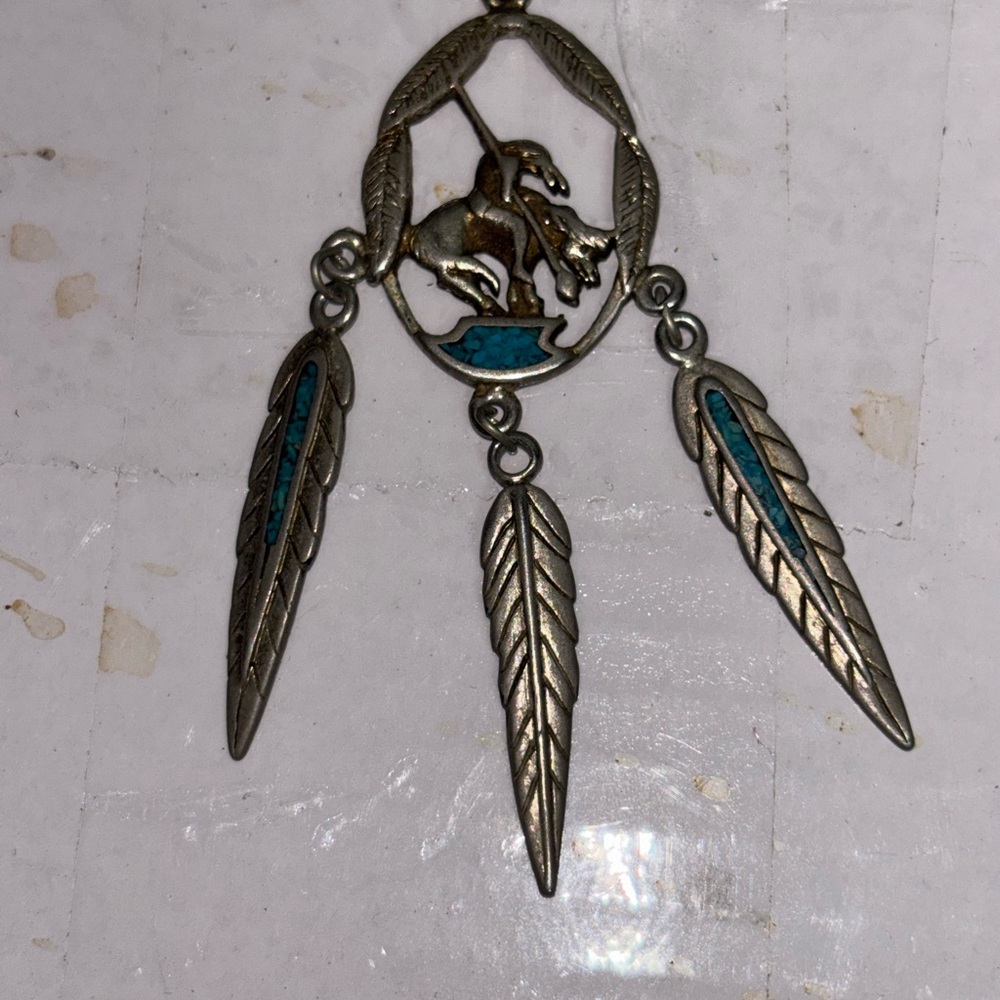 Silver Feather Pendant with Turquoise Accents